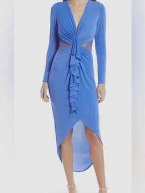 Tadashi Shoji SHO Metallic Blue Jersey Long Sleeve Mesh Sheer Side Dress Size XL